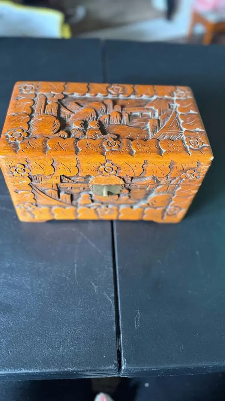 Vintage Hand Carved Wooden Chinese Trinket Jewelry Box